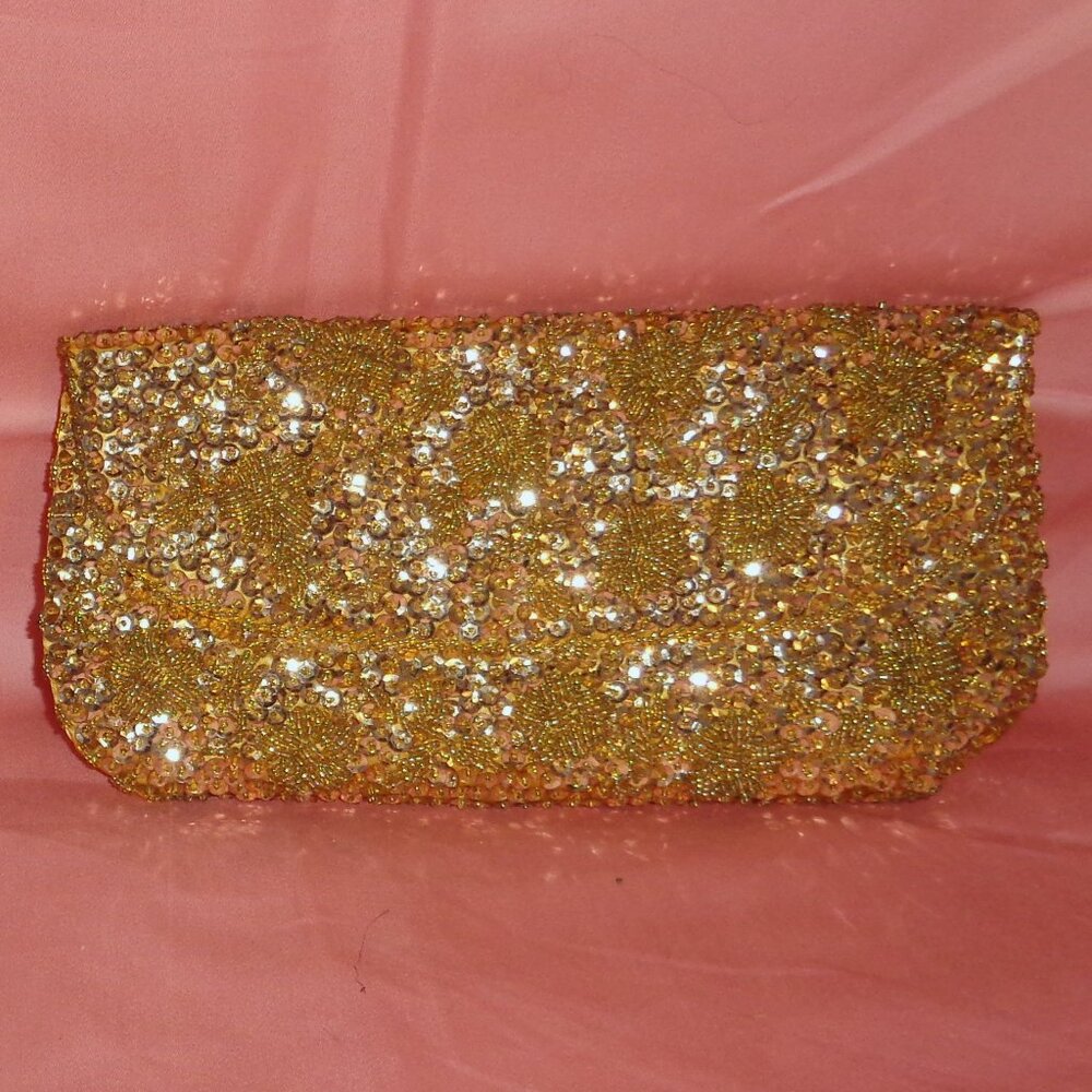 SOLD!  SOLD!! GORGEOUS ELEGANT GOLD CLUTCH HANDBAG-SILK AND BEAD CLASSIC NEW BAG